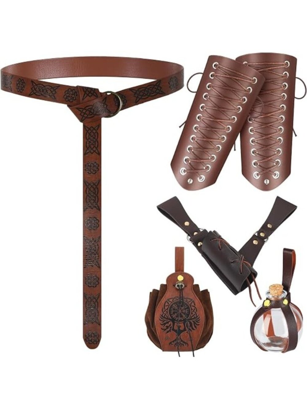 Medieval Leather Belt Set With Pouches Glass Bottle & Arm Bracers Cosplay LARP